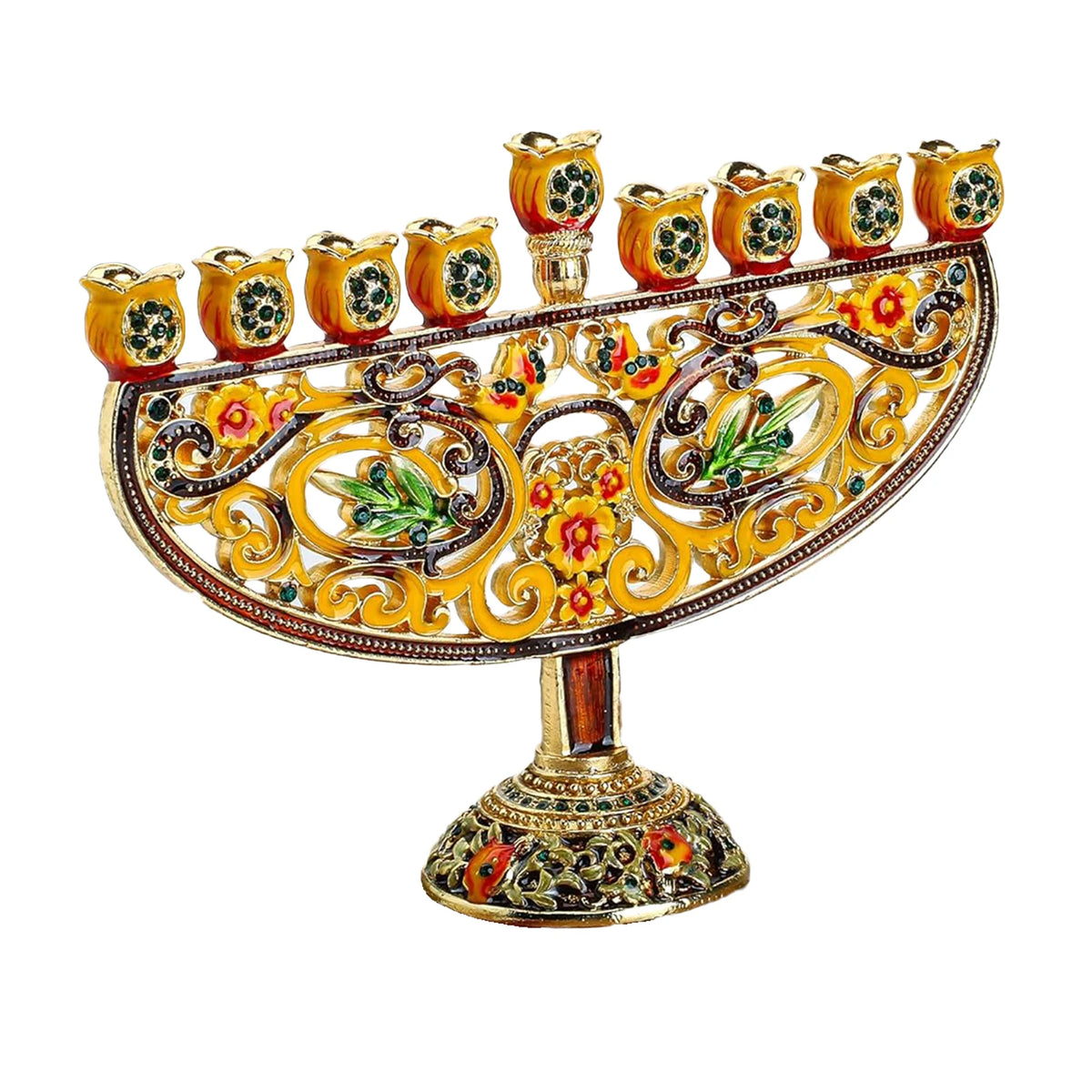 חנוכייה מוזהבת מעוטרת באמייל ובאבנים 17 ס"מ