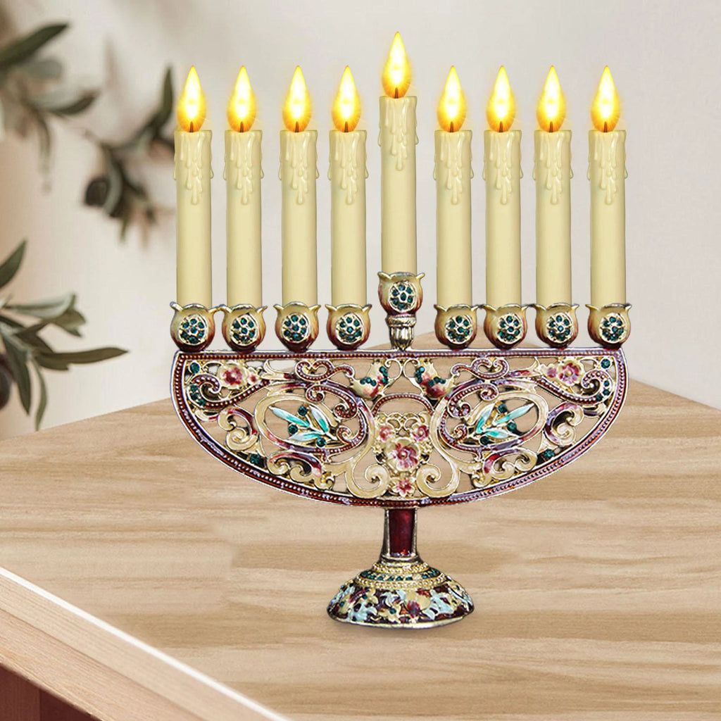 חנוכייה מוזהבת מעוטרת באמייל ובאבנים 17 ס"מ