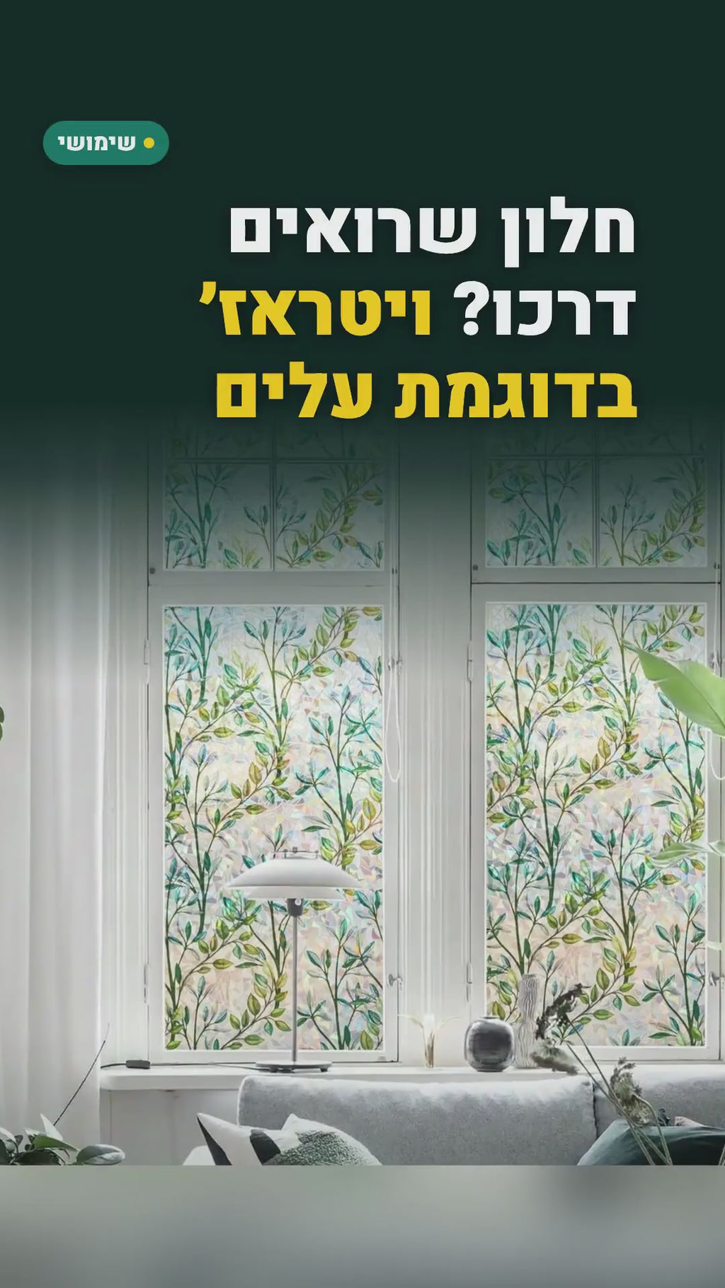 ציפוי חלון דקורטיבי בדוגמת עלי גפן – נצמד בלי דבק, 30 או 45×300 ס"מ – סרטון